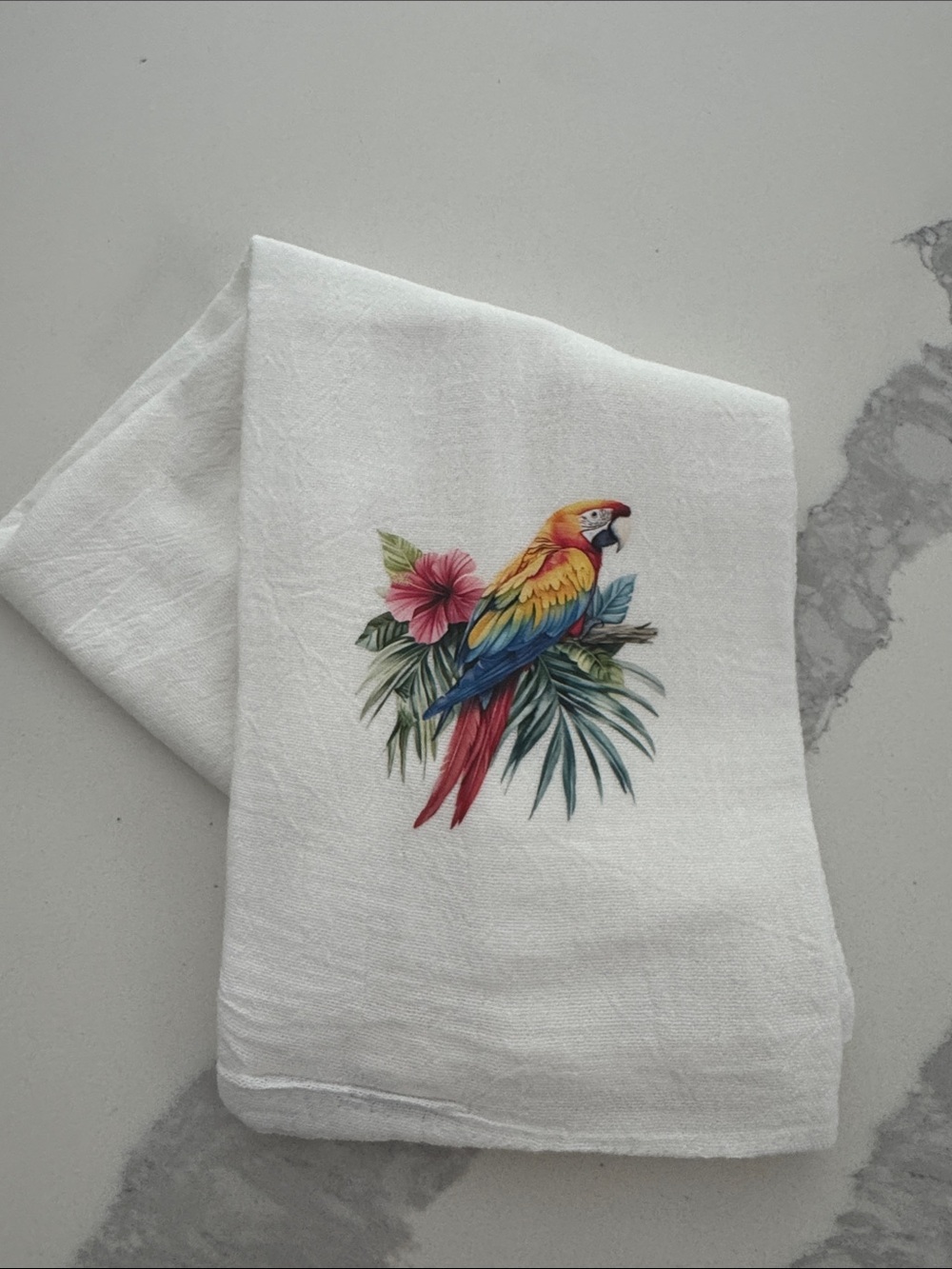 Brand New White - Flour Sack Towel with Colorful Parrot Print